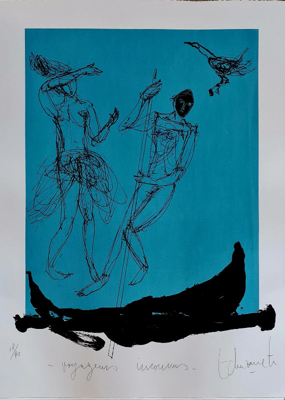 DEUX PERSONNAGES SUR BLEU